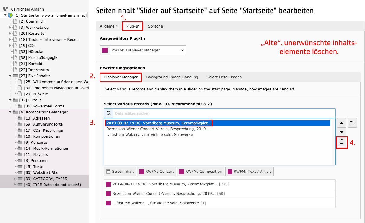 Displayer auf der Startseite